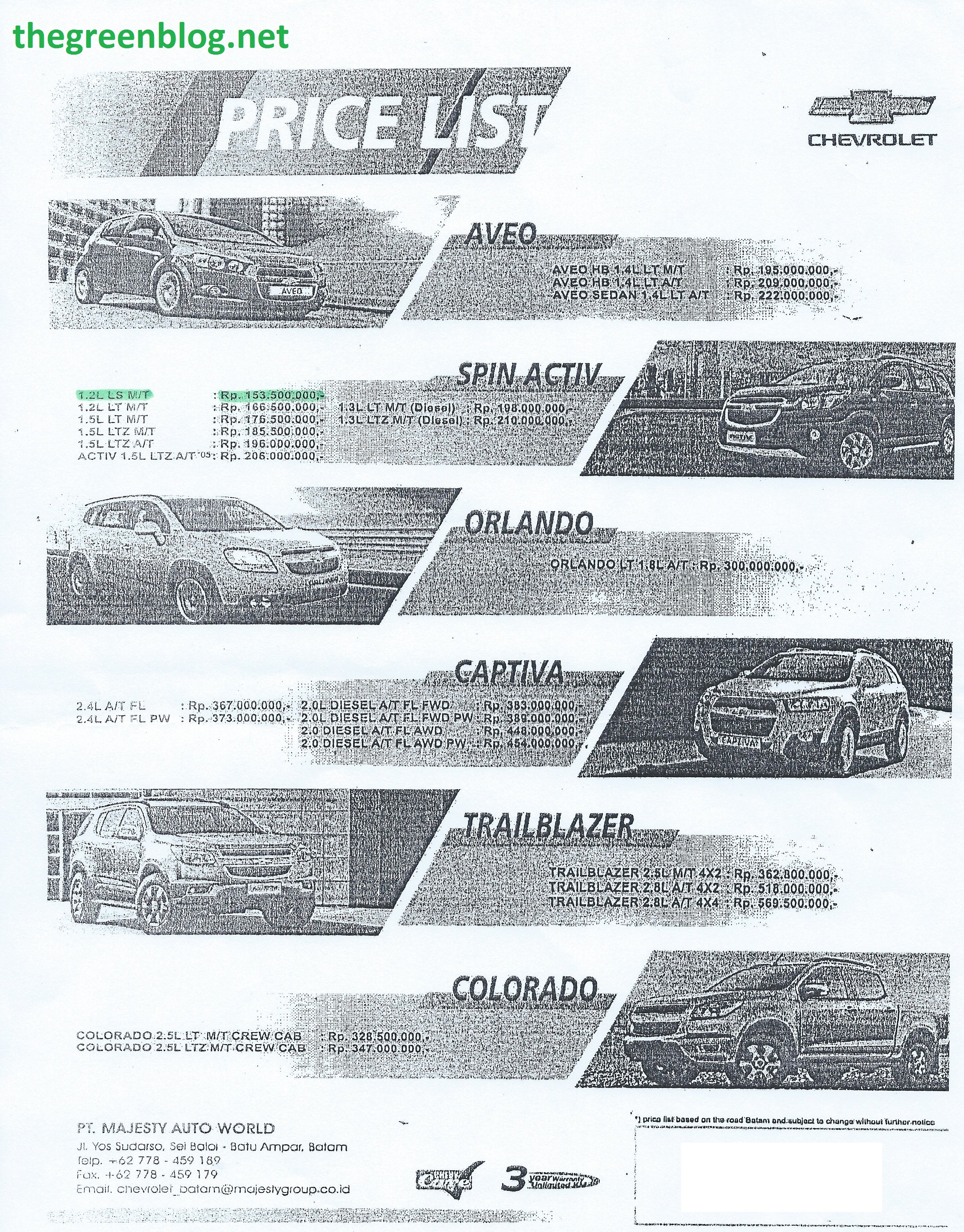 Daftar Harga Mobil  Chevrolet  di Batam  Bulan October 2014 